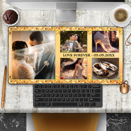 Gold Glitzer Wedding Foto Collage Schreibtischunterlage