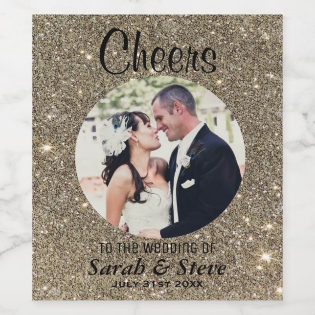 Gold Glitzer Wedding Foto Wine Labels Weinetikett (Einzelnes Label)