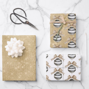 Gold Glitzer Weihnachten Schwarz Streifen Ornament Geschenkpapier Set