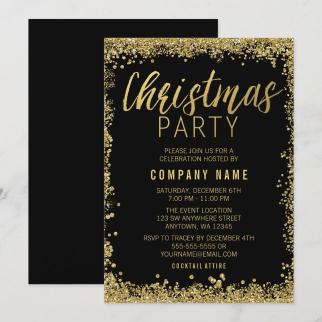 Gold Glitzer Weihnachts-Party Einladung (Vorne/Hinten)
