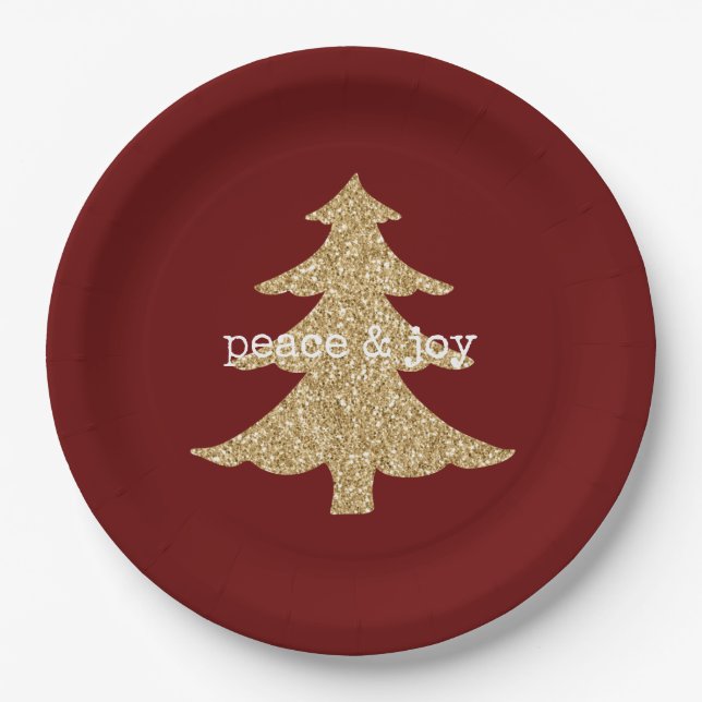 Gold Glitzer Weihnachtsbaum Roter Friede Pappteller (Vorderseite)