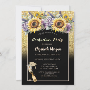 Gold Glitzer, Wein, Glas, Sonnenblumen Violett-Blu Einladung