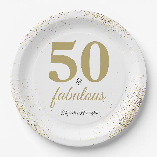 Gold Glitzer White 50 und herrlicher Geburtstag Pappteller (Vorderseite)