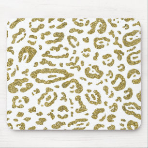 Gold Glitzer White Cheetah Leopard Animal Print Mousepad