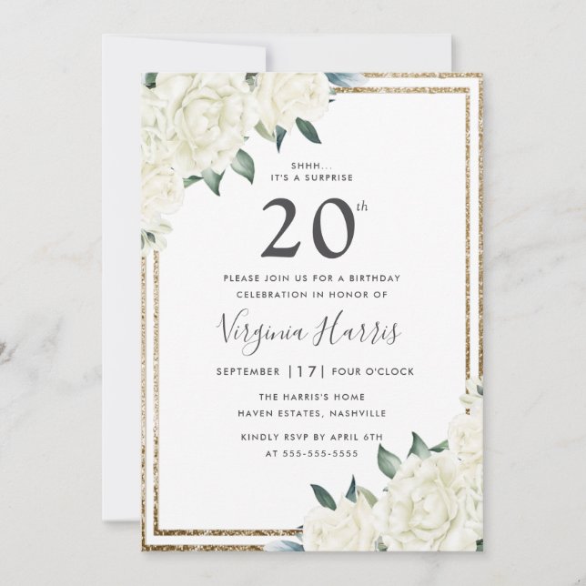 Gold Glitzer White Floral 22. Geburtstag Einladung (Vorderseite)