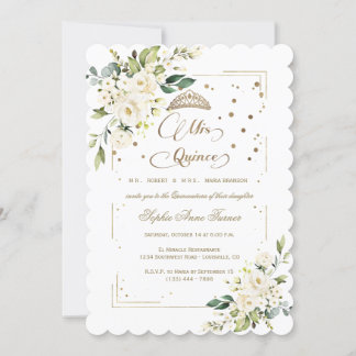 Gold Glitzer White Floral Mis Quince Quinceañera Einladung