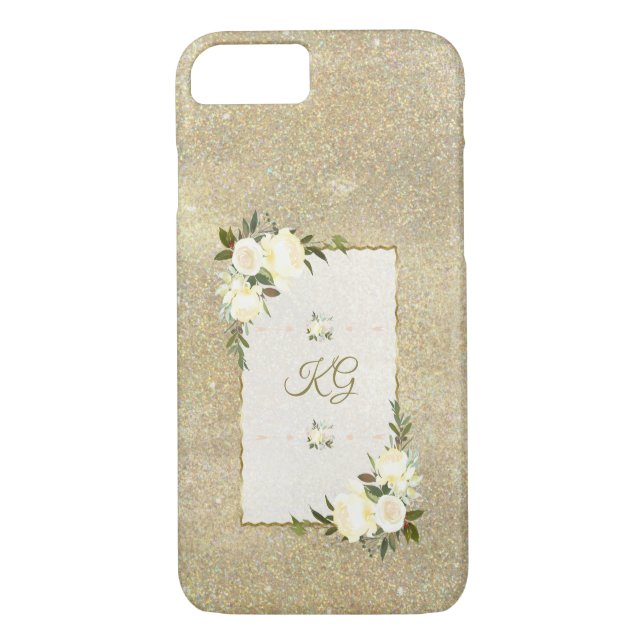 Gold Glitzer White Floral Monogram Case-Mate iPhone Hülle (Rückseite)