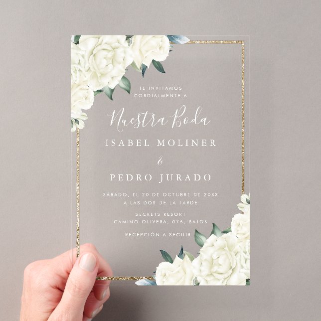 Gold Glitzer White Floral Nuestra Boda Wedding Acryleinladungen (Insitu (Handheld))