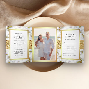 Gold Glitzer White Gray Marble Foto Hochzeit Dreifach Gefaltete Einladung