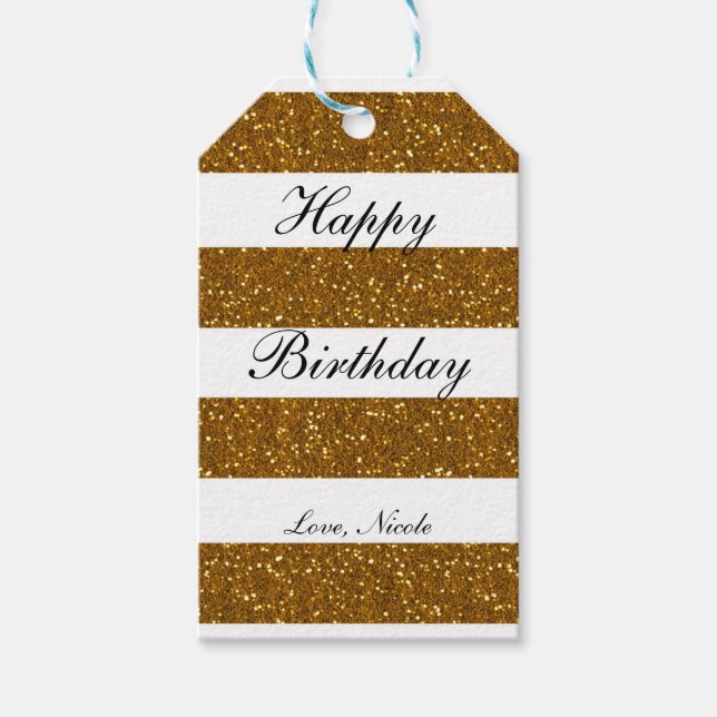 Gold Glitzer & White Stripes Chic Party Geschenkma Geschenkanhänger (Vorderseite)