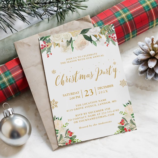 Gold Glitzer Winter Floral Berries Weihnachtsfest  Einladung (Von Creator hochgeladen)