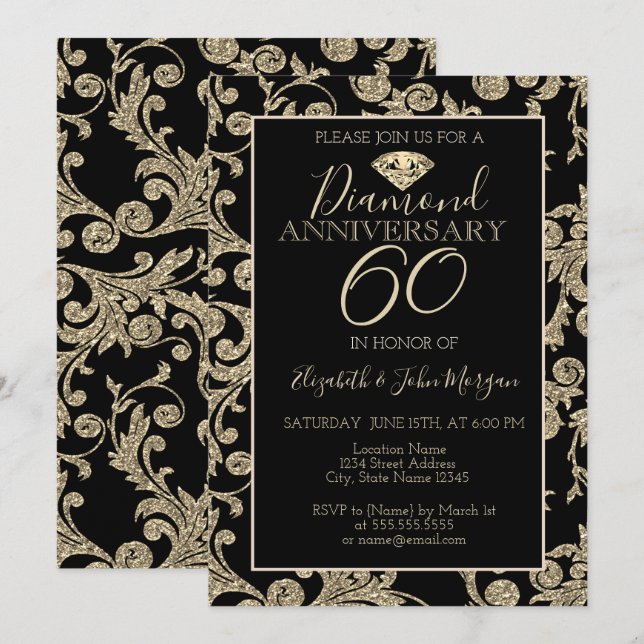 Gold Glitzer Wirbel Diamond Wedding Jubiläum Einladung (Vorne/Hinten)