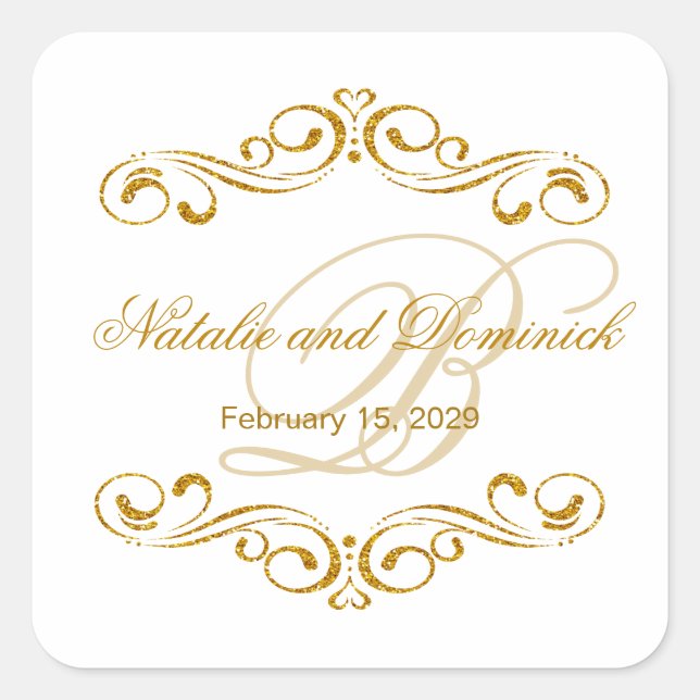Gold Glitzer Wirbel Wedding Monogram Logo Quadratischer Aufkleber (Vorderseite)