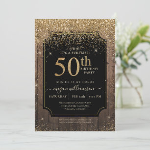 Gold Glitzer Wood 50. Geburtstagsparty Black Einladung