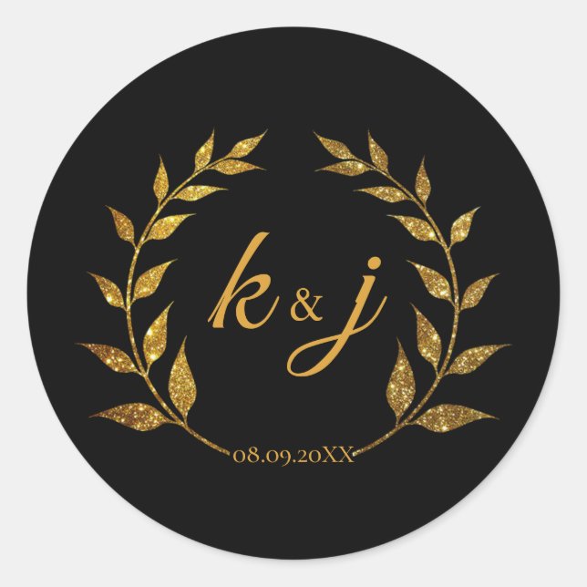Gold Glitzer Wreath Monogram Wedding Save the Date Runder Aufkleber (Vorderseite)