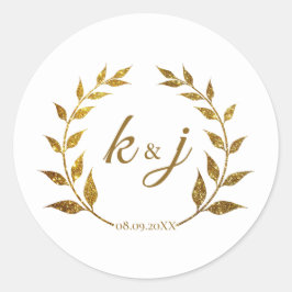 Gold Glitzer Wreath Monogram Wedding Save the Date Runder Aufkleber