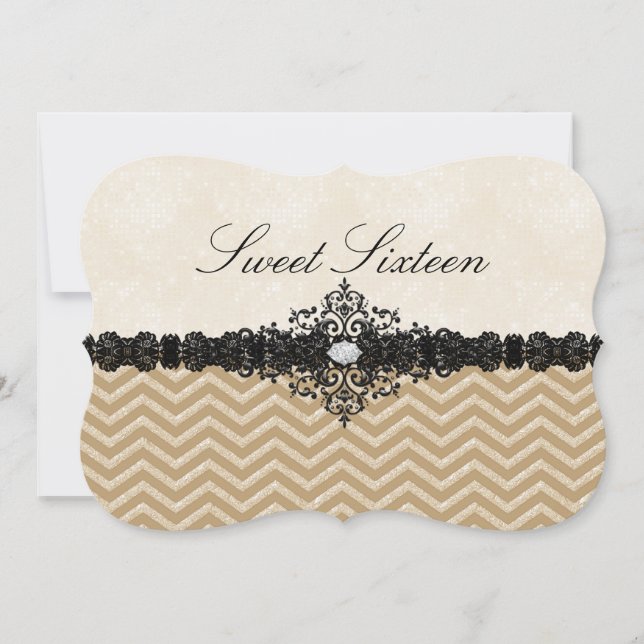 Gold Glitzer Zickzack & Damask Sweet16 Einladung (Vorderseite)