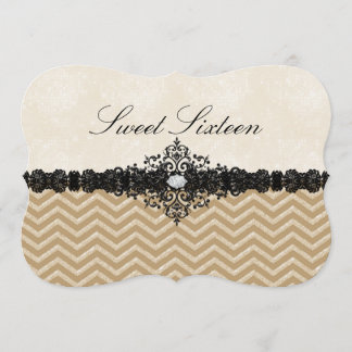 Gold Glitzer Zickzack & Damask Sweet16 Einladung