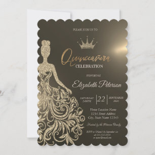 Gold Glitzerkleid, Diamanten Gold Quinceanera Einladung