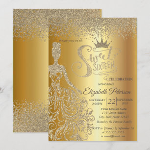 Gold Glitzerkleid, Tiara, Diamanten Sweet 16 Einladung