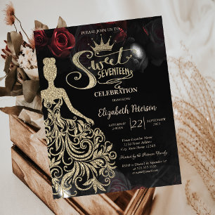 Gold Glitzerkleid, Tiara, Rosen Sweet 17  Einladung