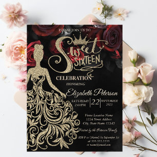 Gold Glitzerkleid, Tiara, rote Rosen Gothic Einladung