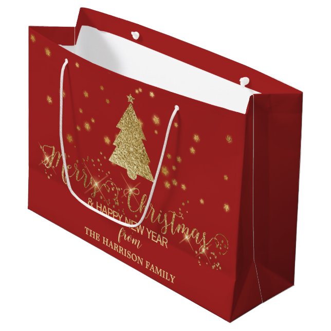 Gold Glitzern Frohe Weihnachtsbaum Red Große Geschenktüte (Vorderseite Schrägansicht)