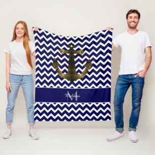 Gold glitzert Anker Navy Blau Chevron Monogramm Fleecedecke