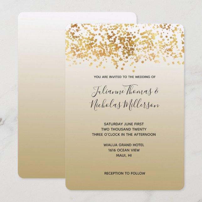 Gold Glitzy Confetti Ombre Wedding Einladung (Vorne/Hinten)