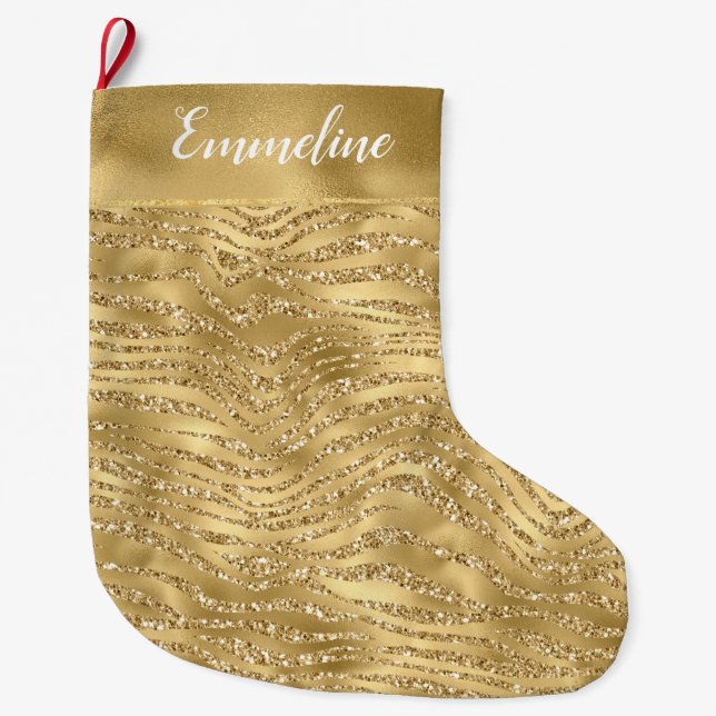 Gold Glitzy Glam Glitzer Zebra Print Großer Weihnachtsstrumpf (Vorderseite)