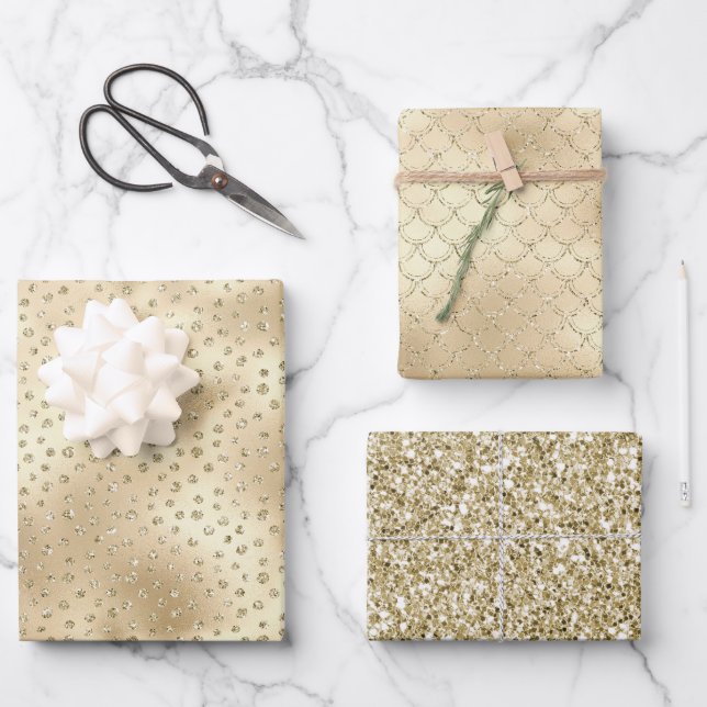 Gold Glitzy Glitzer Dots Mermaid Geschenkpapier Set (Vorderseite)