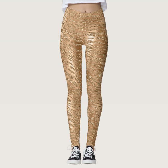 Gold Glitzy Glitzer Sparkle Zebra Print Leggings (Vorderseite)