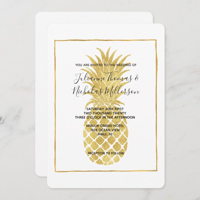 Gold Glitzy Pineaple Wedding Invites Einladung (Vorne/Hinten)
