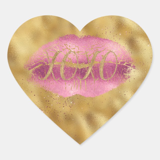 Gold Glitzy Pink Lips Kiss XOXO Herz-Aufkleber (Vorderseite)