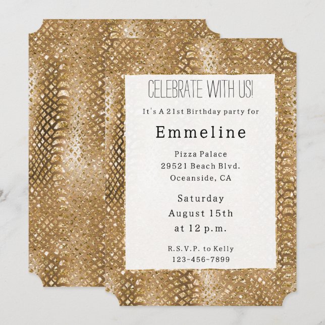Gold Glitzy Snake Skin Animal Glam Einladung (Vorne/Hinten)