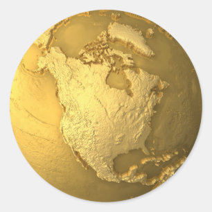 Gold Globe - Metall Erde. Nordamerika, 3D-Render Runder Aufkleber