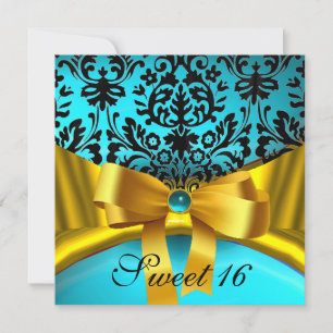 GOLD GOLD RIBBON AQUAMARIN AQUA BLUE BLACK DAMASK EINLADUNG