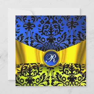 GOLD GOLD RIBBON BLUE BLACK DAMASK MONOGRAMM EINLADUNG