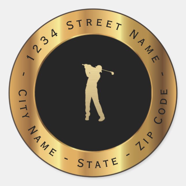 Gold Golf Player Rücksendeadresse Runder Aufkleber (Vorderseite)