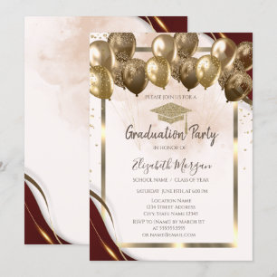 Gold Grad Cap Balloons Burgundy Border Abschluss Einladung