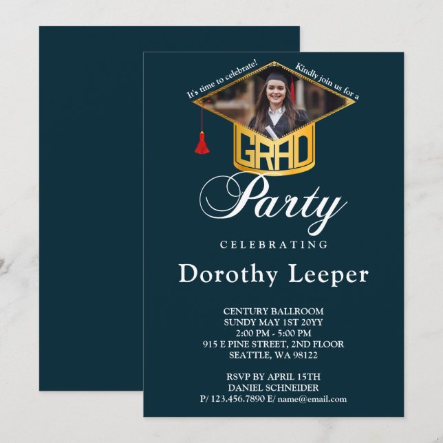 Gold Grad Cap & Foto Graduation Party Einladung (Vorne/Hinten)