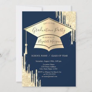 Gold Grad Cap, Glitzer Tropfen Navy Blue Abschluss Einladung