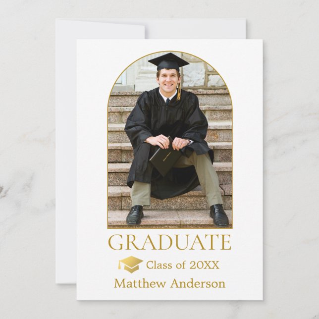 Gold Grad Cap Modernes Arch Foto Abschluss Ankündigung (Vorderseite)