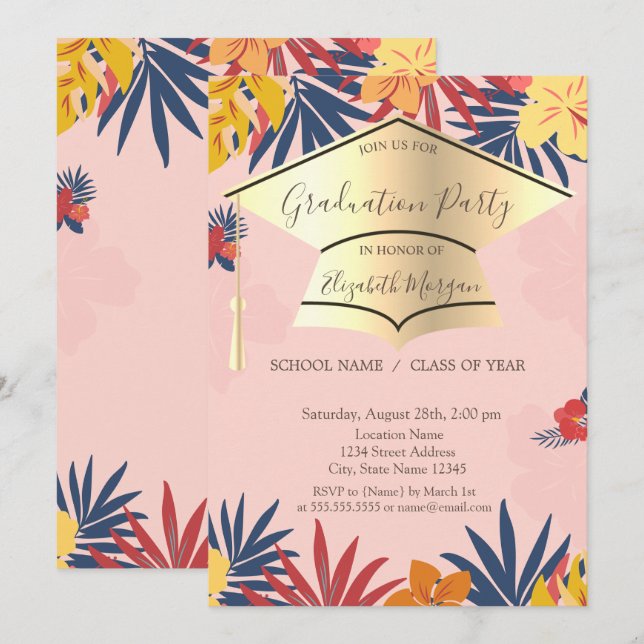 Gold Grad Cap, Palm Blätter Blume Abschluss Einladung (Vorne/Hinten)
