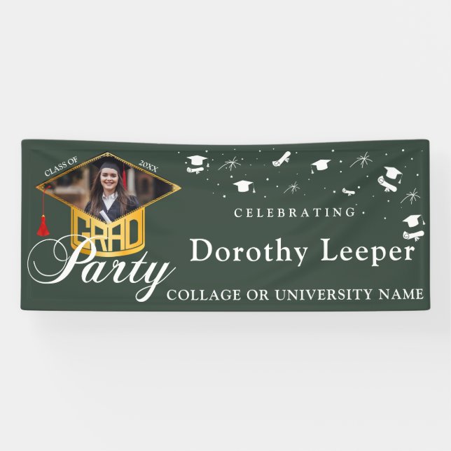 Gold Grad Cap Typografie & Tassel Foto Abschluss Banner (Horizontal)