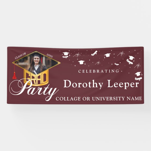 Gold Grad Cap Typografie & Tassel Foto Abschluss Banner (Horizontal)