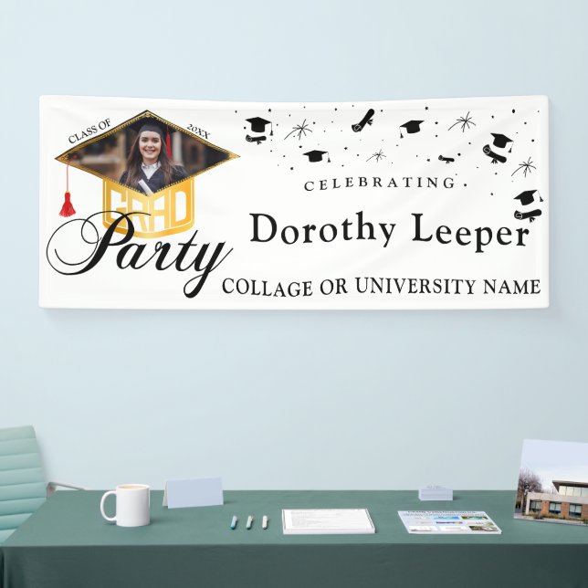 Gold Grad Cap Typografie & Tassel Foto Abschluss Banner (Messe)