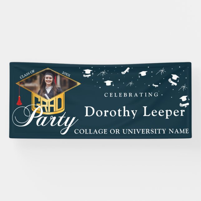 Gold Grad Cap Typografie & Tassel Foto Abschluss Banner (Horizontal)