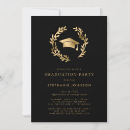 Gold Grad Cap Wreath Chic Black Graduation Party Einladung