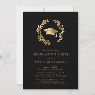 Gold Grad Cap Wreath Chic Black Graduation Party Einladung
